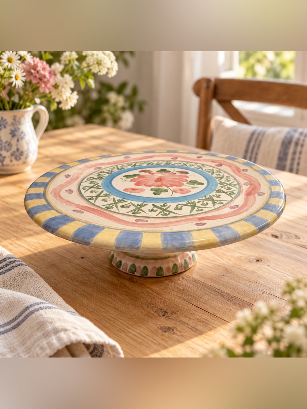 Hand Painted Floral Ceramic Pedestal Cake Stand 12”